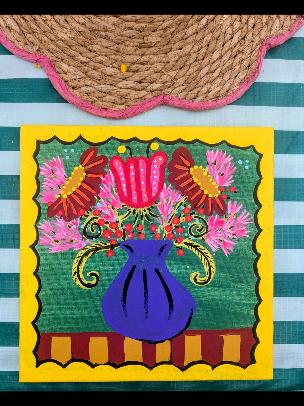 Bright Floral Painting in Yellow Frame with Purple Vase